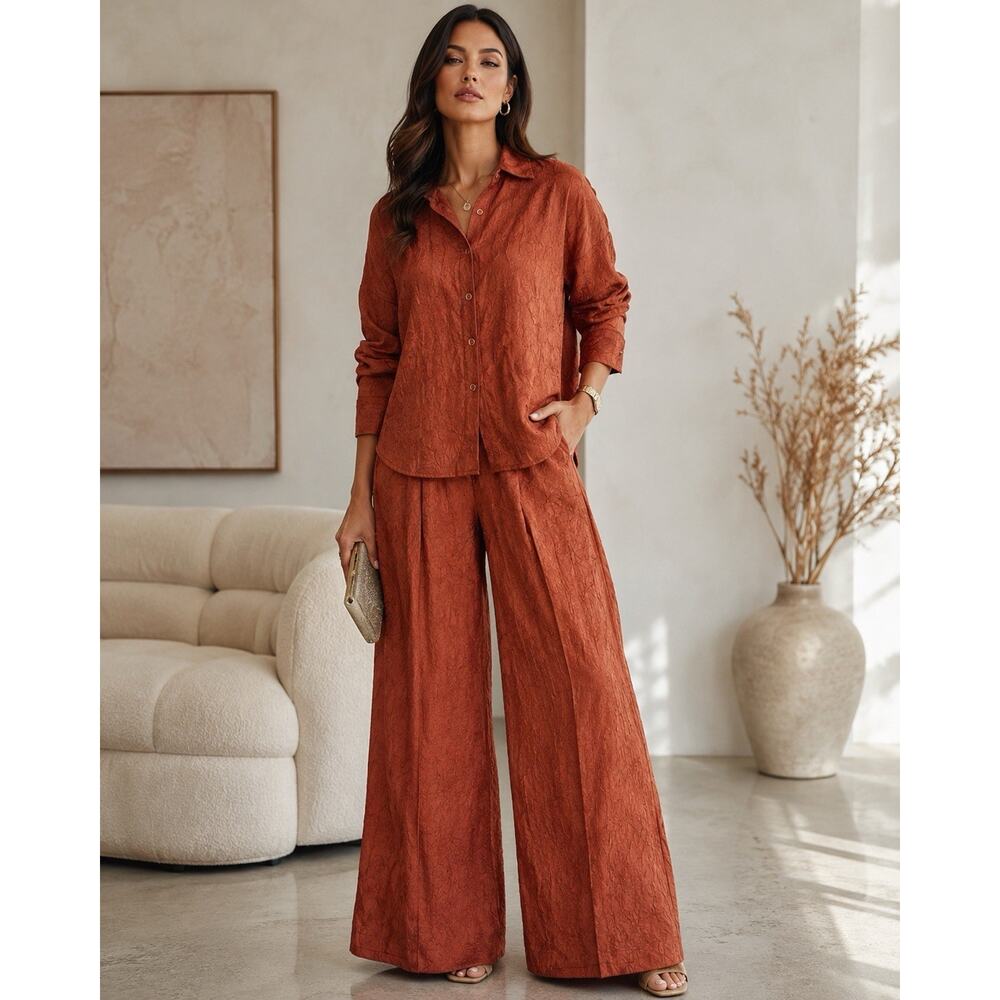 HOUSE OF HARLOW Crinkled Textured Blouse Palazzo Pant Set Rust Size L/XL